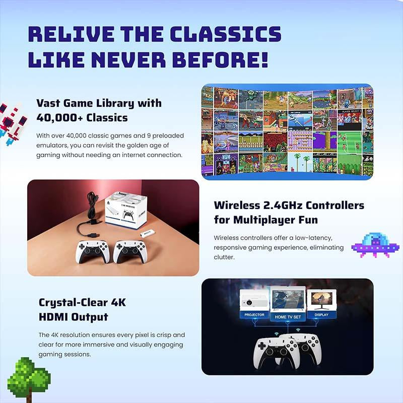 NEW Upgraded Retro Game Stick with 40,000+ Games 26 Emulators 4K HDMI Output Plug and Play Wireless Controller for TV Monitor Video Gamepad Console